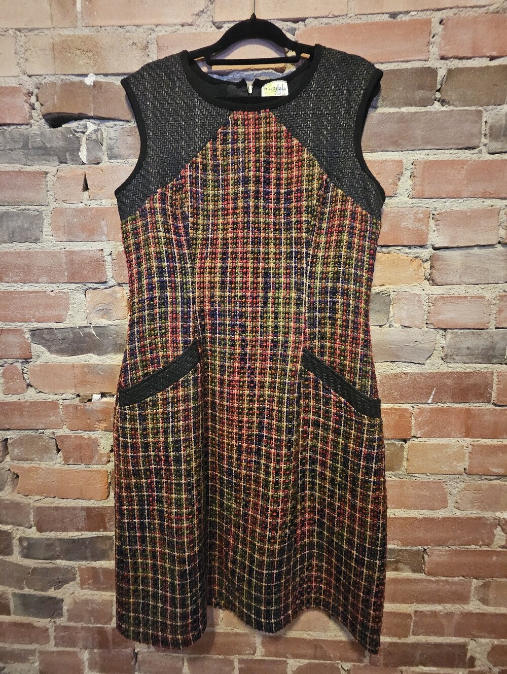 Multicolor Tweed Sheath Dress with Black Trim - Mandala Design - Medium